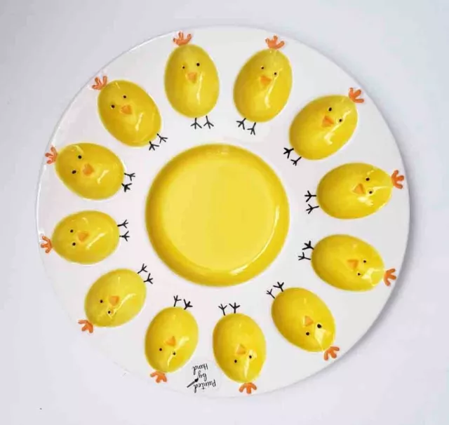 Lang Hand Painted Deviled Egg Serving Platter Plate Chick Pattern Yellow White
