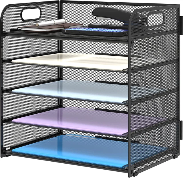 5 Trays Paper Organizer Letter Tray with Handle-Mesh Desk File Organizer,Black P