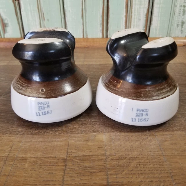 Pair PINCO 223-R 11 15 67 Brown and White Porcelain Insulators