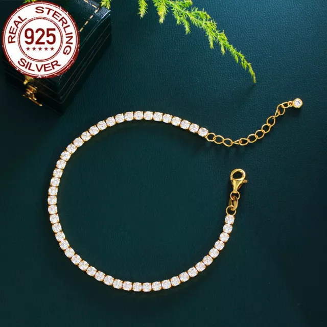 Luxury Solid Silver 925 Round Cut CZ Gold Plated Tennis Chain Link Bracelet