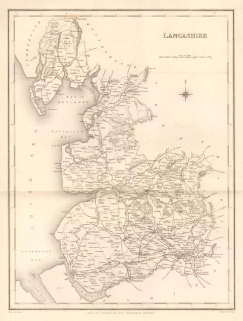 Antique county map of LANCASHIRE by Walker & Creighton for Lewis c1840 old