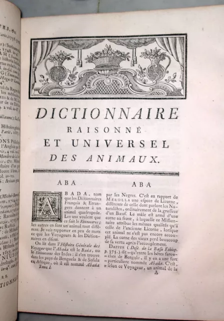 Rare In-4 XVIII°- Dictionnaire Raisonné et Universel des Animaux, 1759