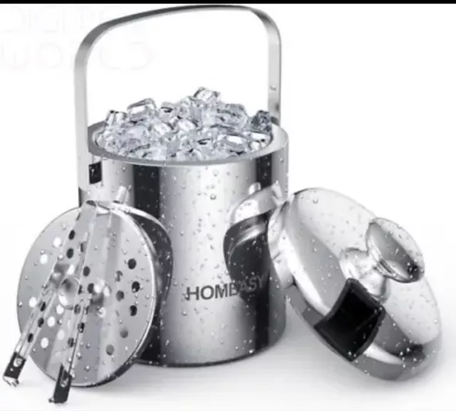 Homeasy Ice Bucket, Double Wall Bar Bucket Set 1.3L Stainless Steel New