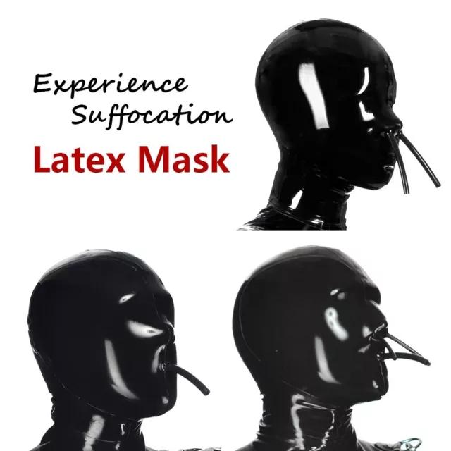 Latex Hood with Breathing Tube Rubber Mask experience suffocation Fetish BDSM