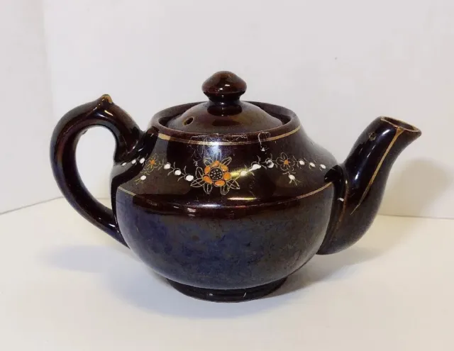 Vintage TEA POT Ceramic  Brown Hand-Painted  Made Japan With Lid Floral Design