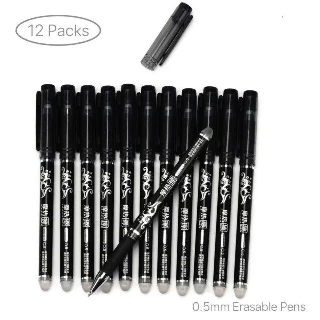 12Pcs 0.5mm Erasable Pen Black Gel Ink Roller Ball Pens Set School Kids Students