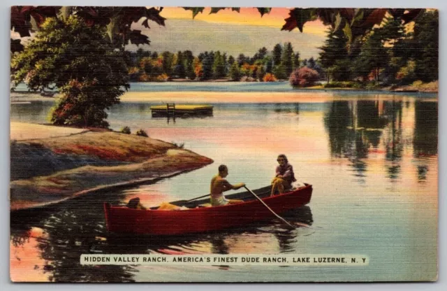 Lake Luzerne New York Hidden Valley Dude Ranch Scenic Canoeing Linen Postcard