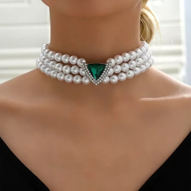 Vintage Triple Layered Pearl Choker Necklace Green Crystal Pearl Necklace Women 2