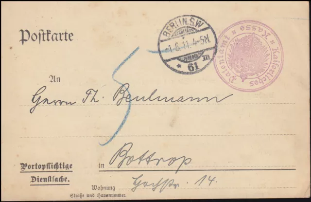 Postageable service matter Imperial Patent Office cash register postcard BERLIN 1.6.11