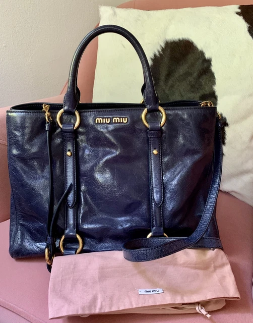 Brand new Miu miu Vitello Lux Leather Tote Blue Authentic With A Strap Ret.$2680