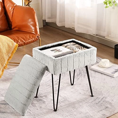 Vanity Stool Ottoman with Storage Bench, Faux Fur Stool for Vanity with Metal