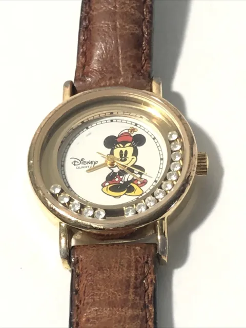 Disney Minnie Mouse Watch- Floating Crystal, Brown Leather Band-New Battery!