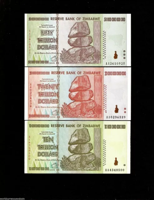 ZIMBABWE 10 20 50 Trillion Dollars 2008 UNC Currency Money AA 100 Trillion Serie