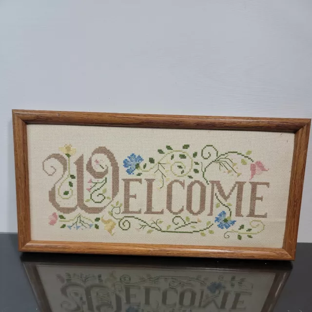 Handmade Cross Stitch Welcome Sign Floral Pastels Wood Frame Country Decor