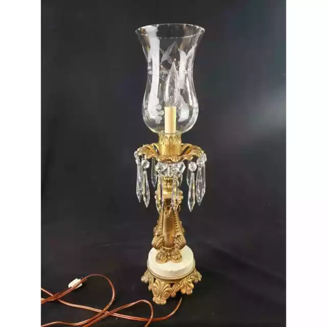 Vintage Hollywood Regency Luster Lamp Etched Hurricane Shade Prisms Marble Base