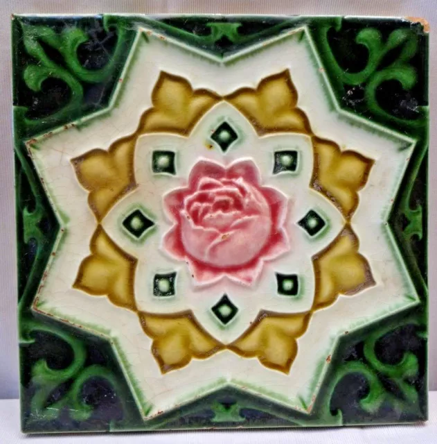 Antique Majolica Tile England Art Deco Ceramic Style Geometric Star