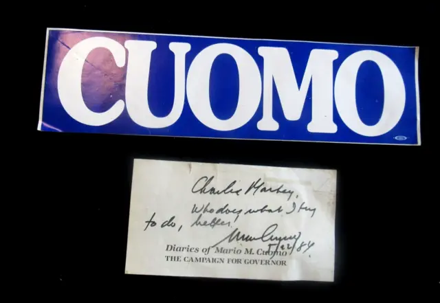 Mario Cuomo NY Governor Signed inscribed note 1984 and original bumper sticker