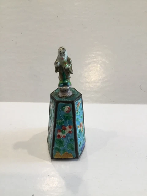 Antique Chinese Export Enamel Bell Immortal Daoist Asian Copper 6 Floral Panels