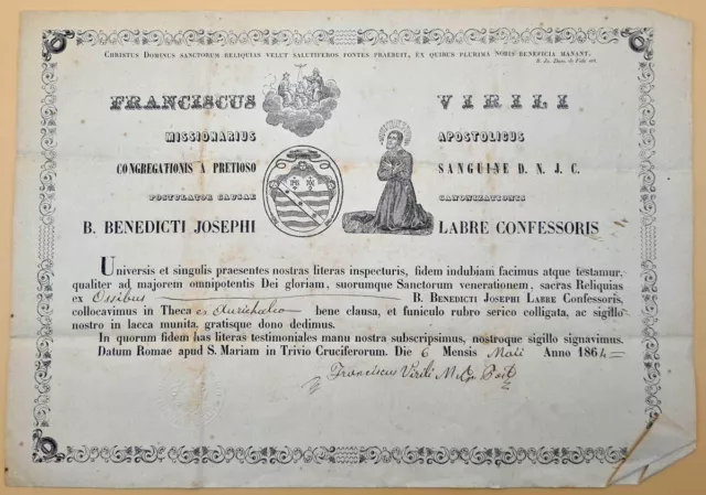 AUTHENTIC FOR 1st CLASS RELIC SAINT BENEDICT JOSEPH LABRE RELIQUARY ROMA 1864