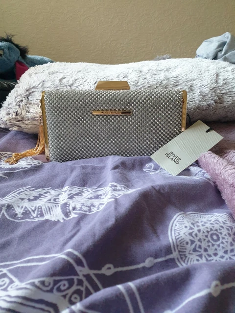 RIVER ISLAND SILVER Diamante Box Clutch New With Tags 26.00