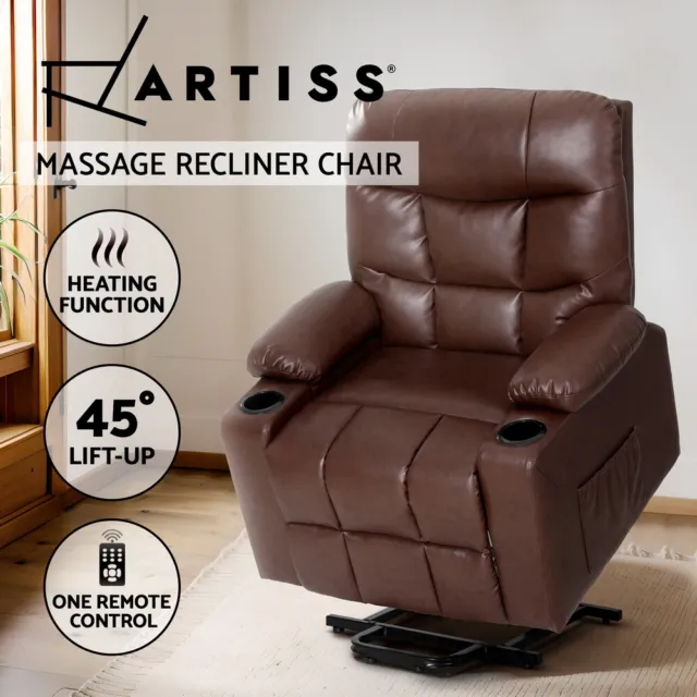 Artiss Recliner Chair Electric Massage Chairs Lift Heated Leather Sofa Brown