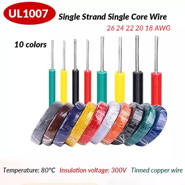 UL1007 Single Core Wire Cable 18-26 AWG Tinned Copper Cable Various Colours PVC