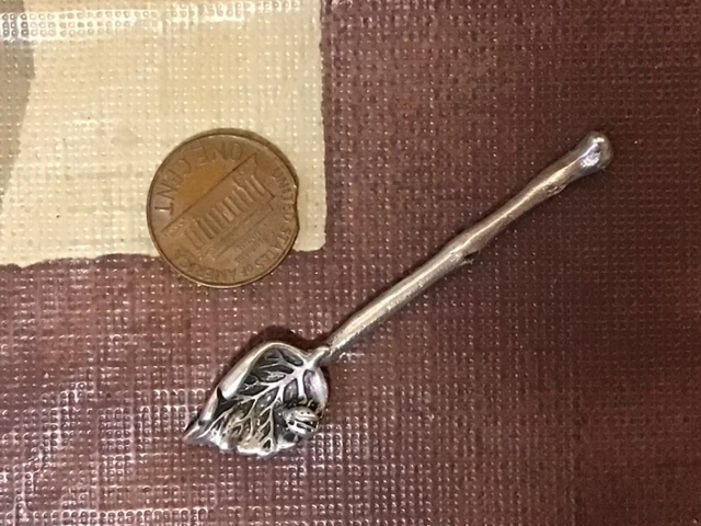 Rare aesthetic solid sterling silver open salt spoon leaf branch bug