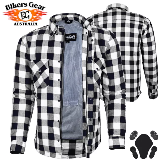 New Bikers Gear Motorcycle Kevlar® Lined Flannel Lumberjack Shirt White / Black