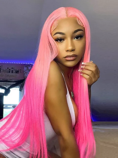 For Women Long Light Pink Gradient Lace Front Straight Synthetic Wig Cos Fashion