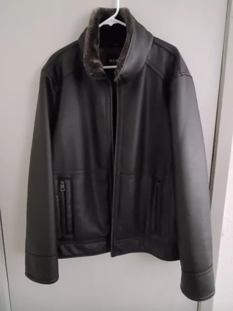 Men Guess  Faux Leather Solid Brown  Long Sleeve Jacket Full Zipper