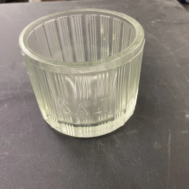 Vintage Hoosier 4" Glass Salt Jar Fine Ribbed & Embossed "SALT" No lid 1920-1950