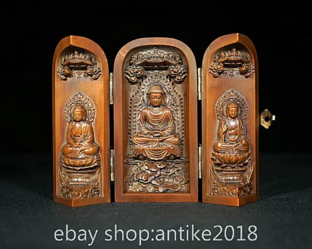 4" Rare Old Chinese boxwood Carved Buddhism Sakyamuni Tathagata Buddha Box