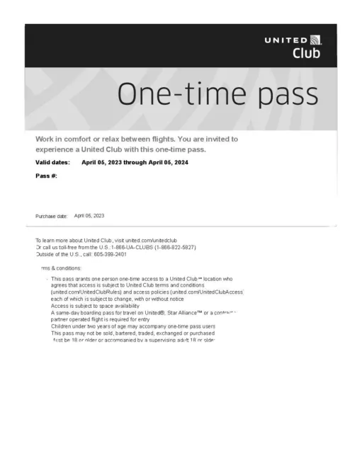 United Airlines Club Lounge One-Time Pass (Expires Apr 6, 2024) email delivery
