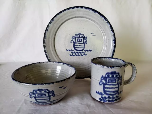 Noahs Ark Owens Pottery Seagrove NC Childs Set Cup Bowl Plate Gray Salt Glaze