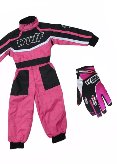 Kids Childrens Wulfsport Wulf MX Quad Motocross Overall And Gloves Pink Set #O1