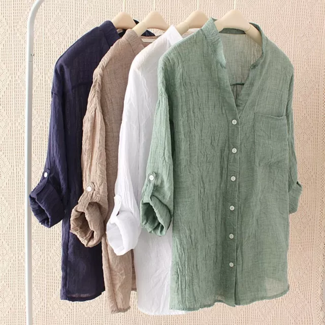 Linen Button Blouse Cardigan Sleeve Solid Shirt Tops Long Thin Vintage Casual ⊙