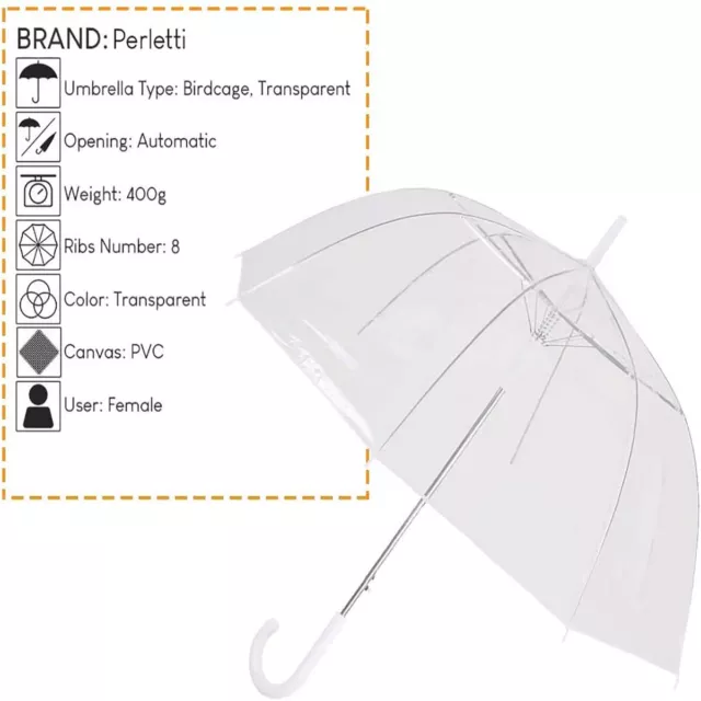 Ombrello Donna Automatico a Cupola Trasparente  Basic By Perletti Lunghi Bianco