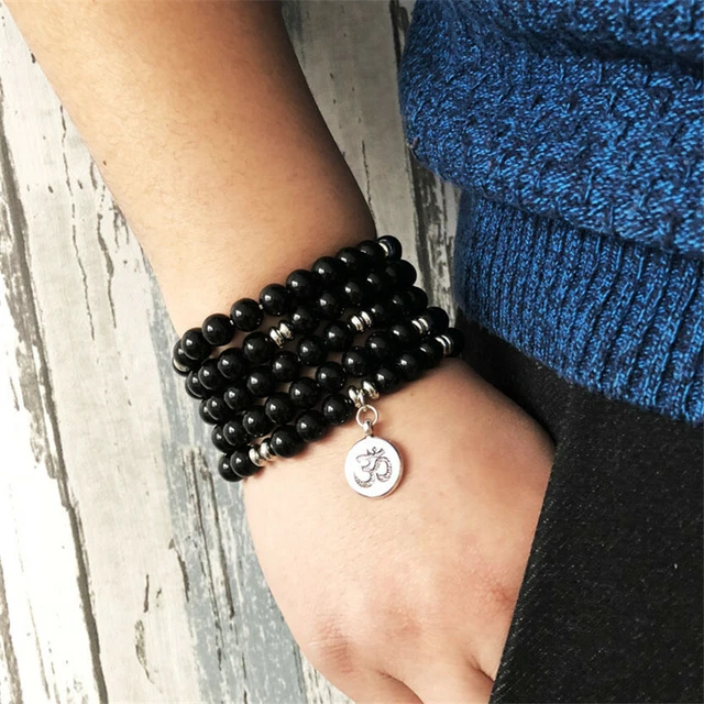 8MM 108 Black Onyx Buddha beads Silver Pendant Bracelet blessing Buddhism 2