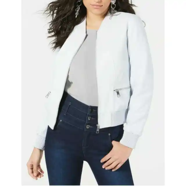 GUESS Womens New Ivory Zip Up Casual Jacket MOTO Faux Leather LARGE