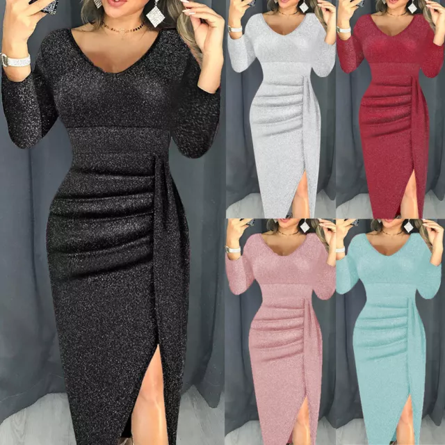 Ladies Sexy Glitter Party Ruched Dresses Long Sleeve Evening Bodycon Split Dress