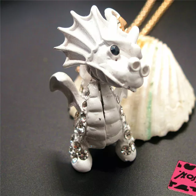New White 3D Enamel Cute Dragon Fashion Women Crystal Pendant Chain Necklace