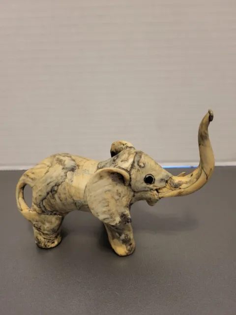 Elephant Marbled Clay Figurine Cream Gray  4" Trunk Up