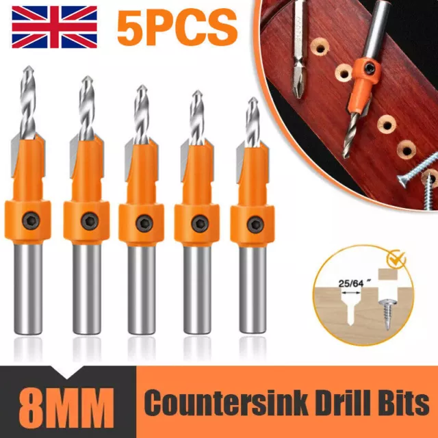 5PCS Holes Pilot Shank Bit HSS Woodworking Countersink Set Screw Hex Drill 8mm