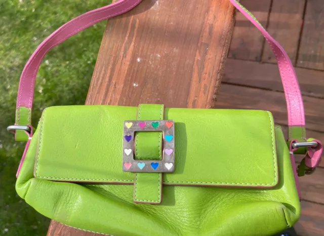 Dooney Bourke Small Handbag Lime Green w/ Pink & Metal Buckle Hearts