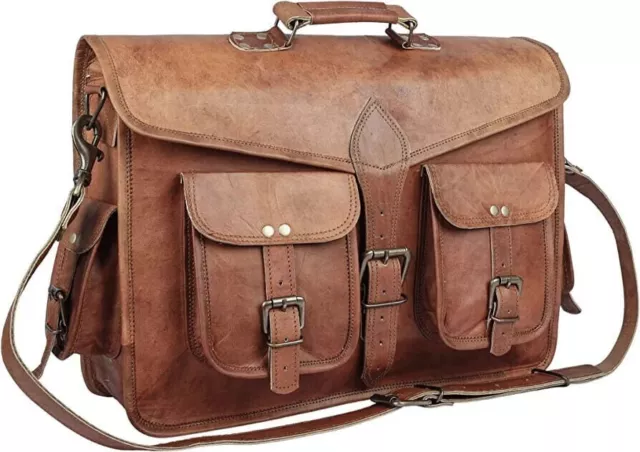 Goat Leather Bag Men's Genuine Vintage Messenger Bag Shoulder Laptop Briefcase