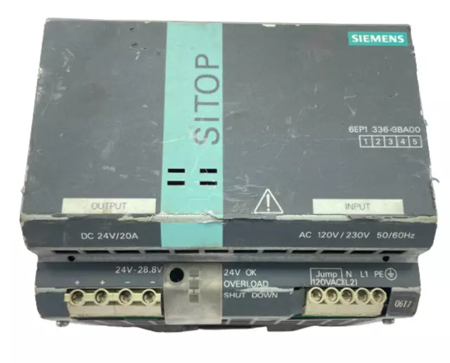 Siemens SITOP Power 20A 6EP1336-3BA00 power Supply In 120/220V Out 24VDC 1/2 ph