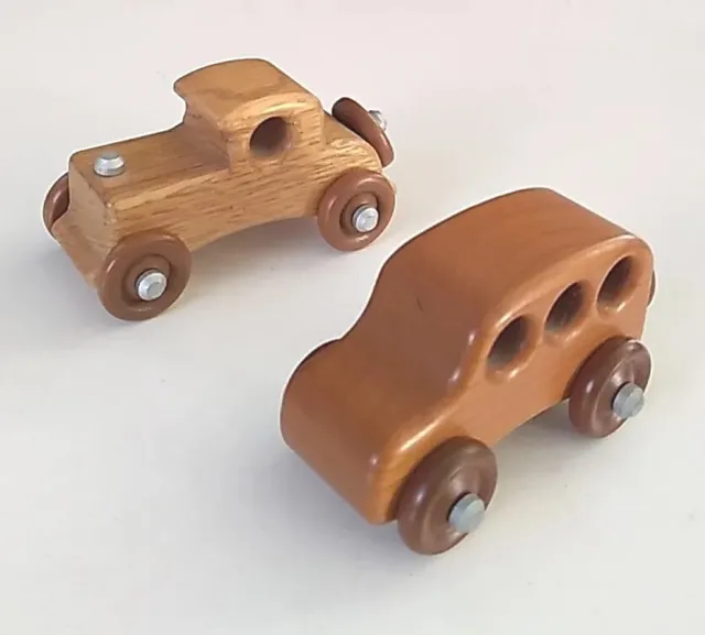 2 Mini Wooden Old Time Coupe Cars Handmade Maple Walnut 4" L 2" H