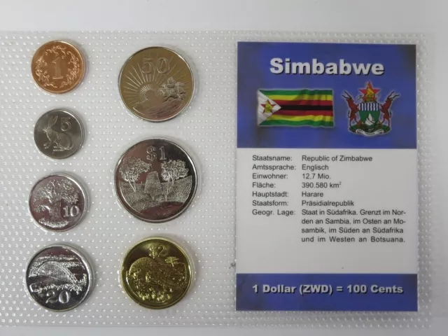 Simbabwe KMS - 7 Münzen 1, 5, 10, 20, 50 Cents 1, 2 Dollars 1997-2002 - UNC