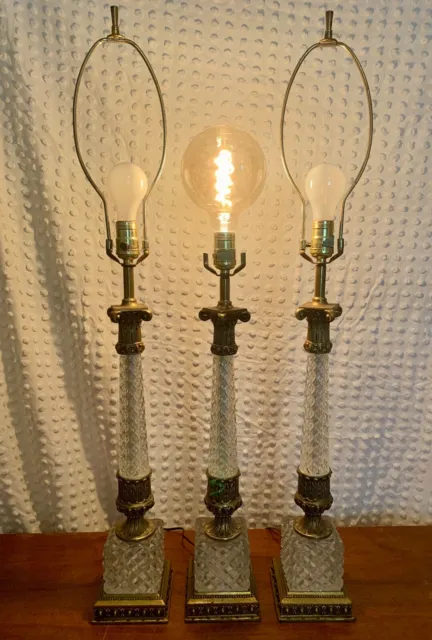 3 Vintage MCM 1950s Hollywood Regency Westwood Italian Cut Glass & Brass Lamps