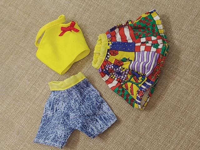 Barbie set 3 pezzi fashion anni '90 - top pantaloncini gonna, jeans giallo rosso